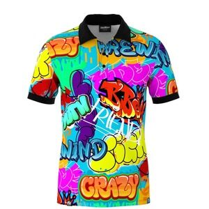 Mens Graffiti Art Print Polo Shirt Short Sleeve Black Collar Casual Top